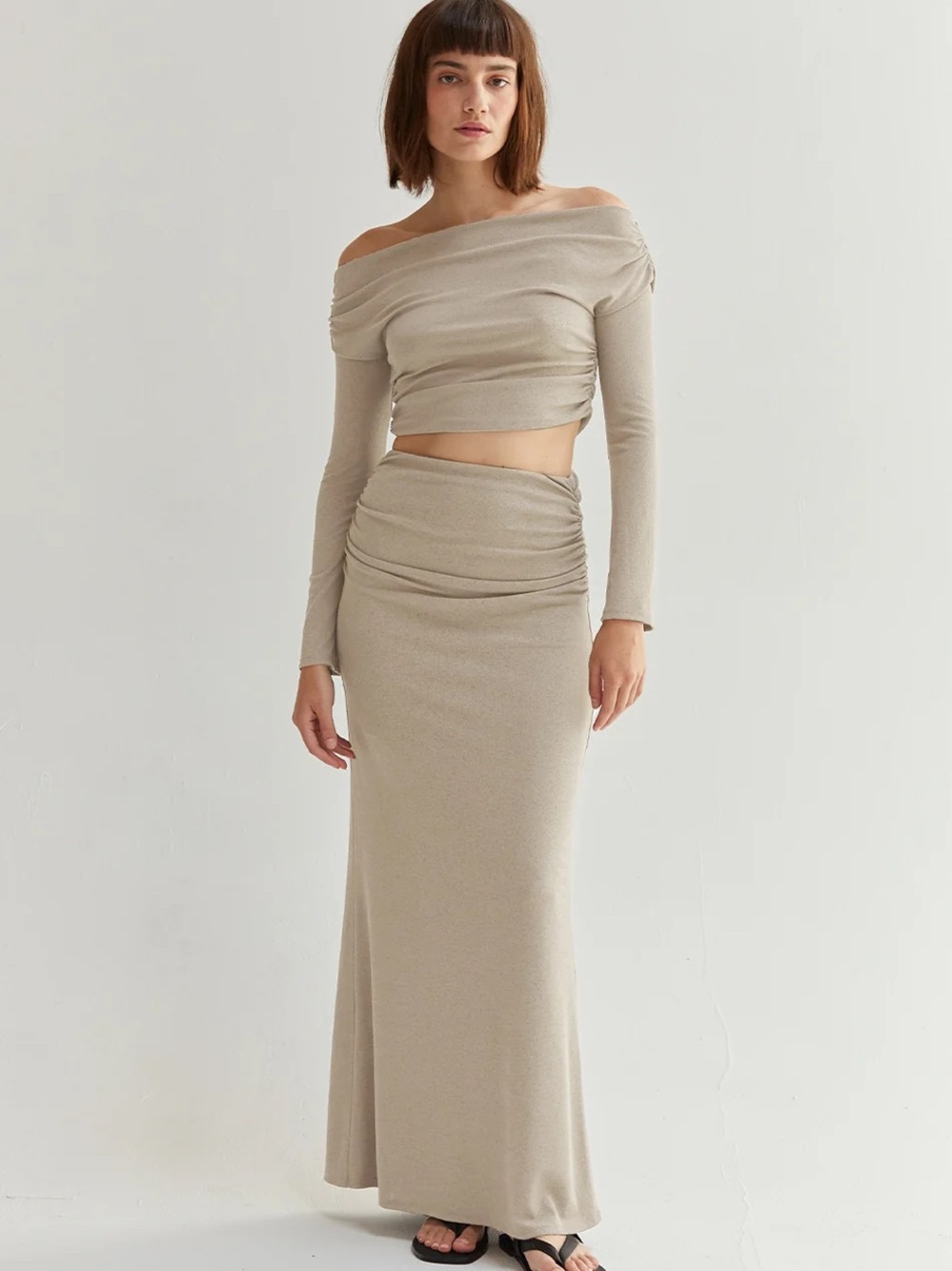 Crescent Off-Shoulder Ruched Top and Maxi Skirt - Taupe Size Small